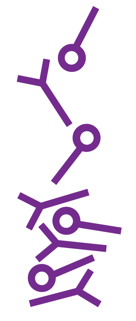 Stylised logo mark depicting lines and arrows as if they are falling downwards. Deep purple on a white background.